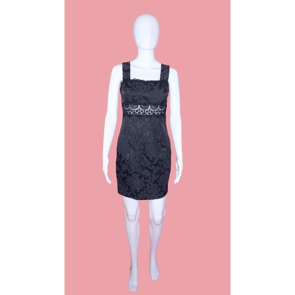 1990s-Y2K GUNNE SAX Jessica McClintock. Black LACE Cut Out Brocade Dress. XS-S